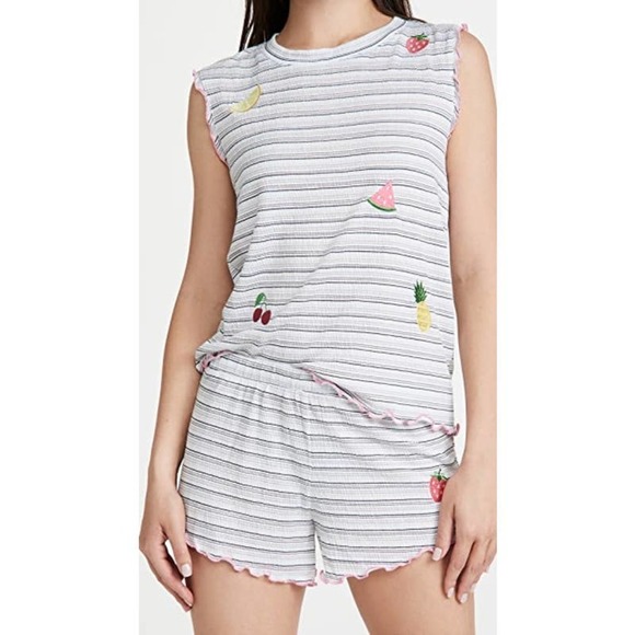 Emerson Road  Fruit Striped Tank & Shorts Set, Little Stripe White/Black, Size L - Picture 1 of 15